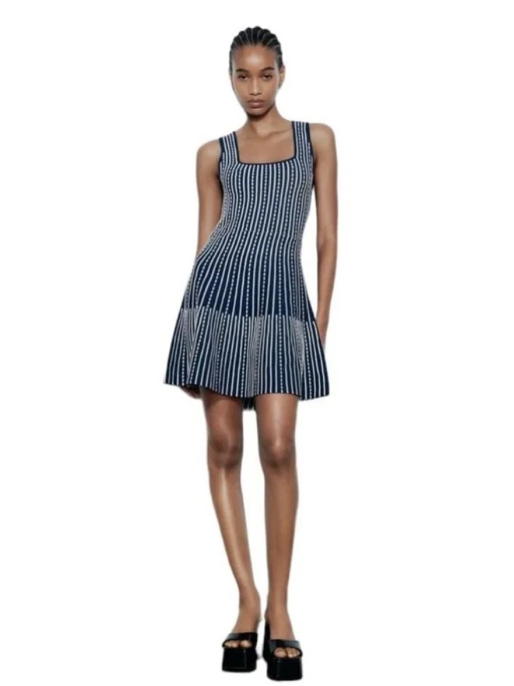 Zara Stretch Knit Striped Sleeveless Square-Neck Fit & Flare Mini Dress